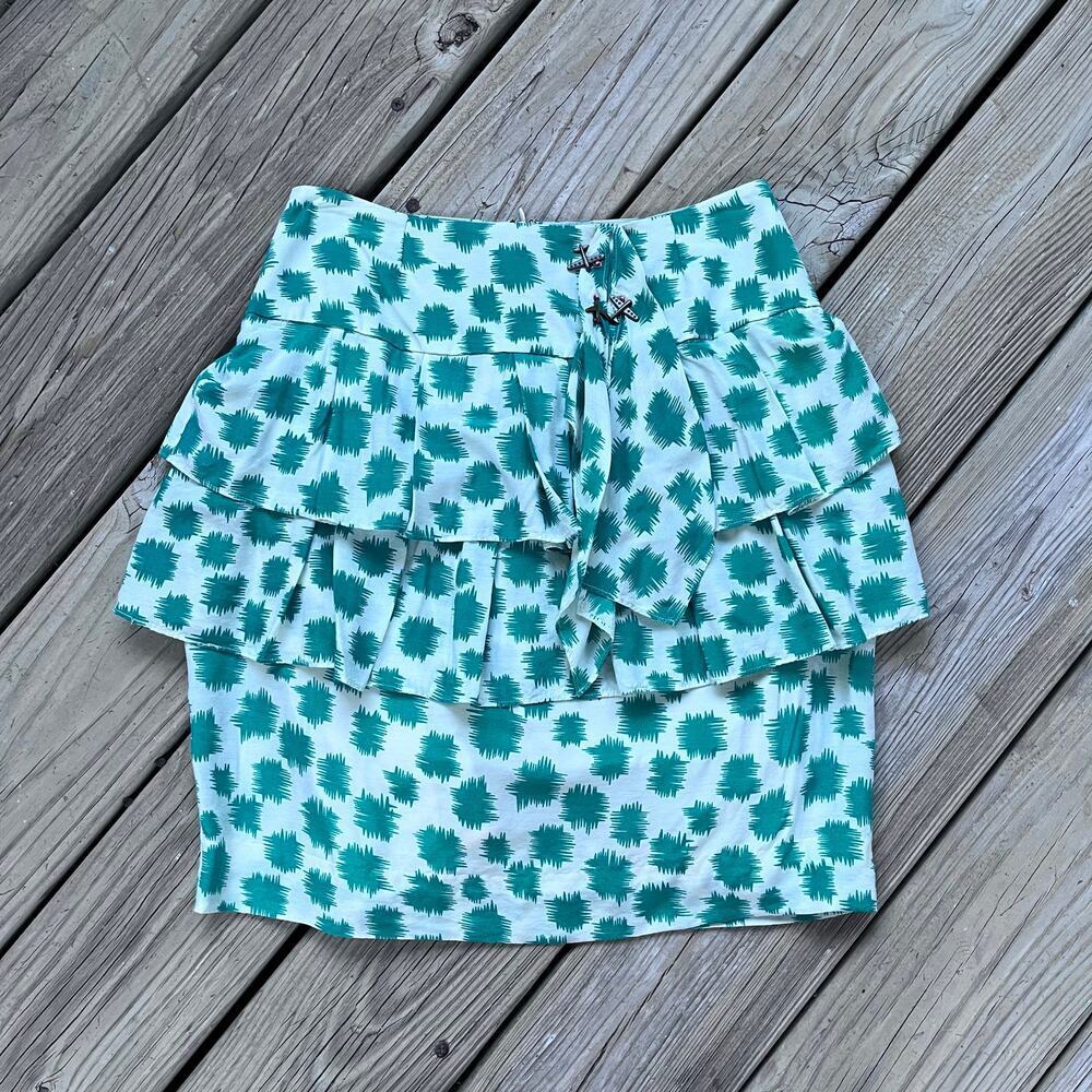 Anthropologie Edme' & Esyllte Green Spotted Ruffled Mini Skirt Size 4